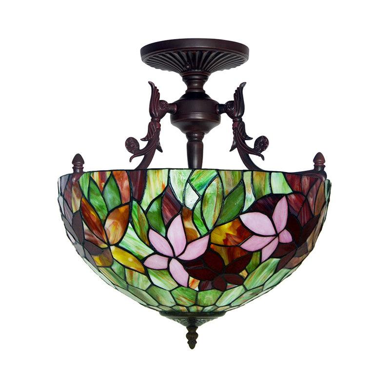 3 Lights Semi Flush Mediterranean Flower Stained Glass Light - Rebooters