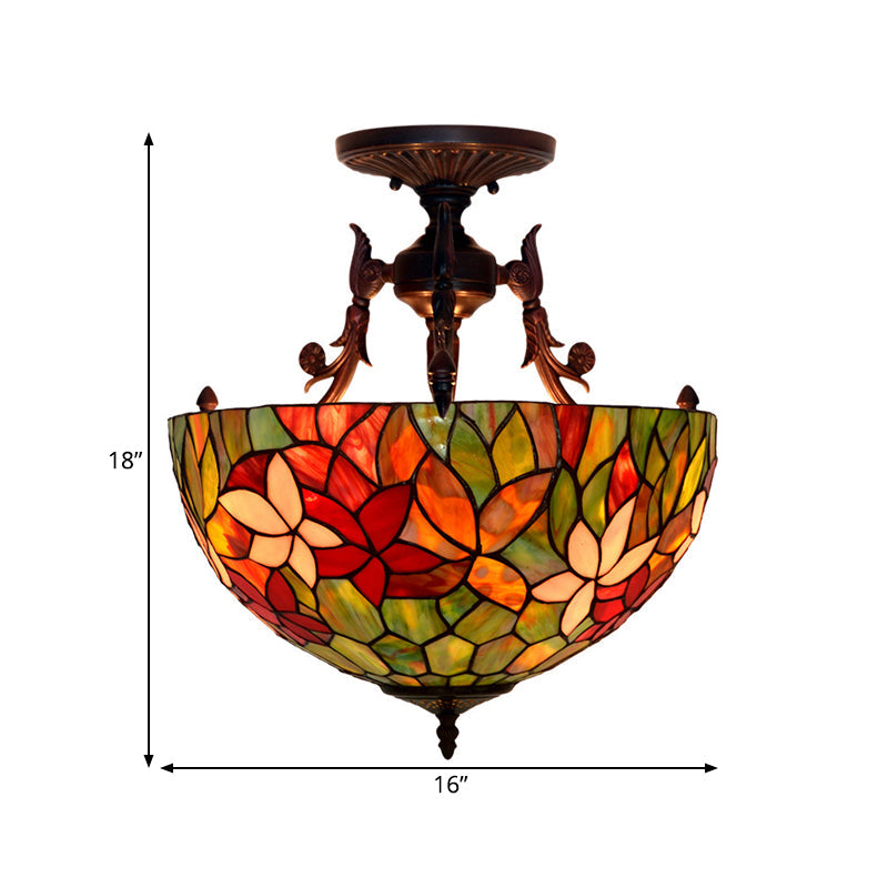 3 Lights Semi Flush Mediterranean Flower Stained Glass Light - Rebooters