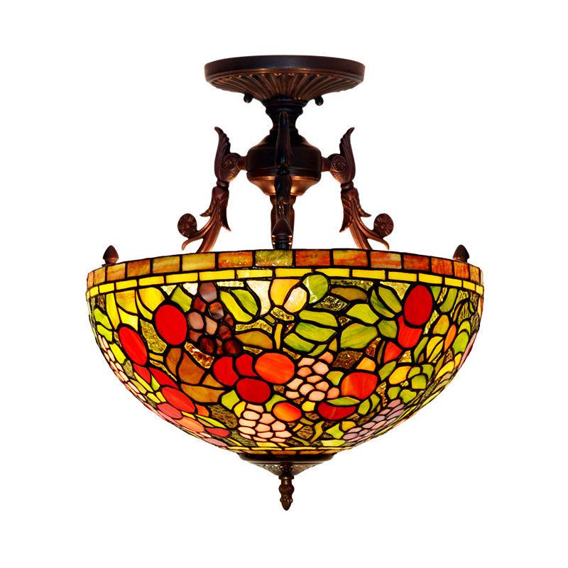 3 Lights Semi Flush Mediterranean Flower Stained Glass Light - Rebooters