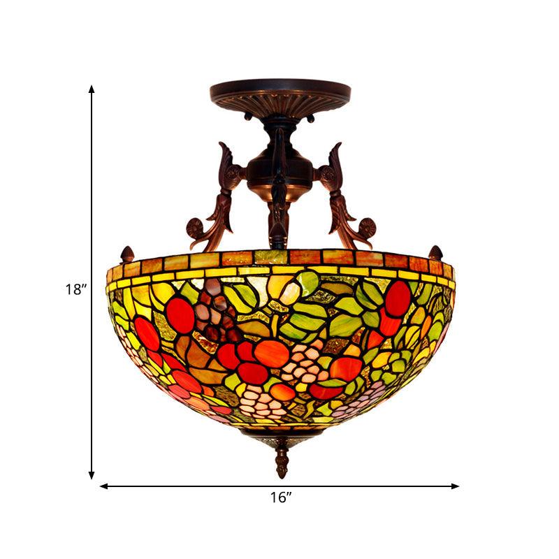 3 Lights Semi Flush Mediterranean Flower Stained Glass Light - Rebooters