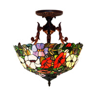 3 Lights Semi Flush Mediterranean Flower Stained Glass Light - Rebooters