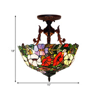 3 Lights Semi Flush Mediterranean Flower Stained Glass Light - Rebooters