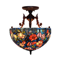 3 Lights Semi Flush Mediterranean Flower Stained Glass Light - Rebooters