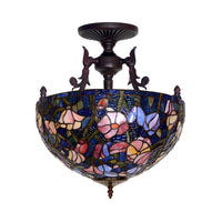 3 Lights Semi Flush Mediterranean Flower Stained Glass Light - Rebooters