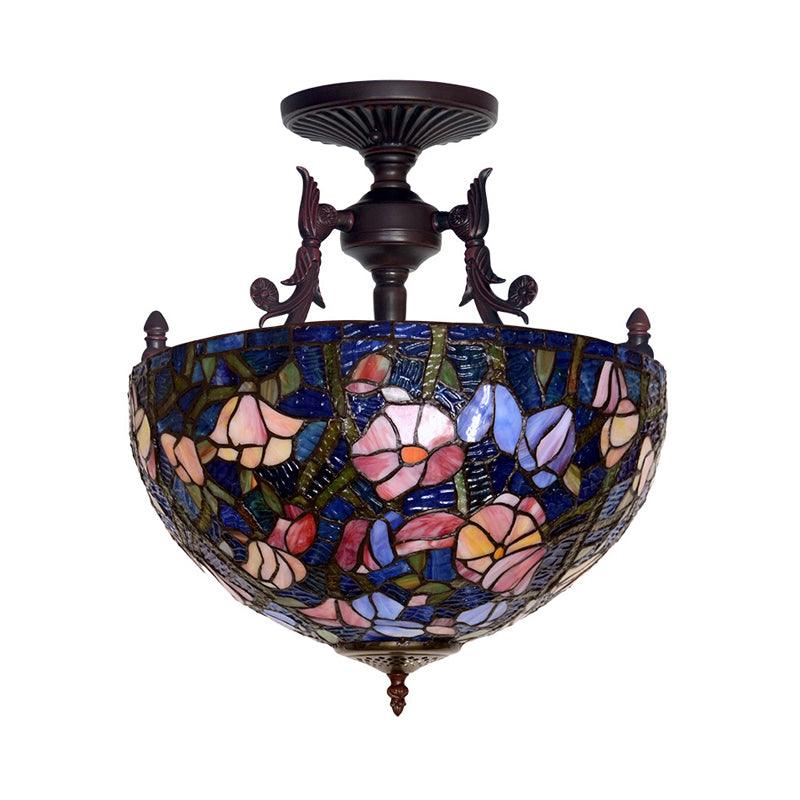3 Lights Semi Flush Mediterranean Flower Stained Glass Light - Rebooters