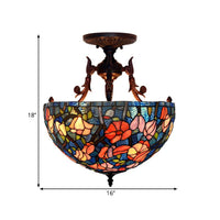 3 Lights Semi Flush Mediterranean Flower Stained Glass Light - Rebooters