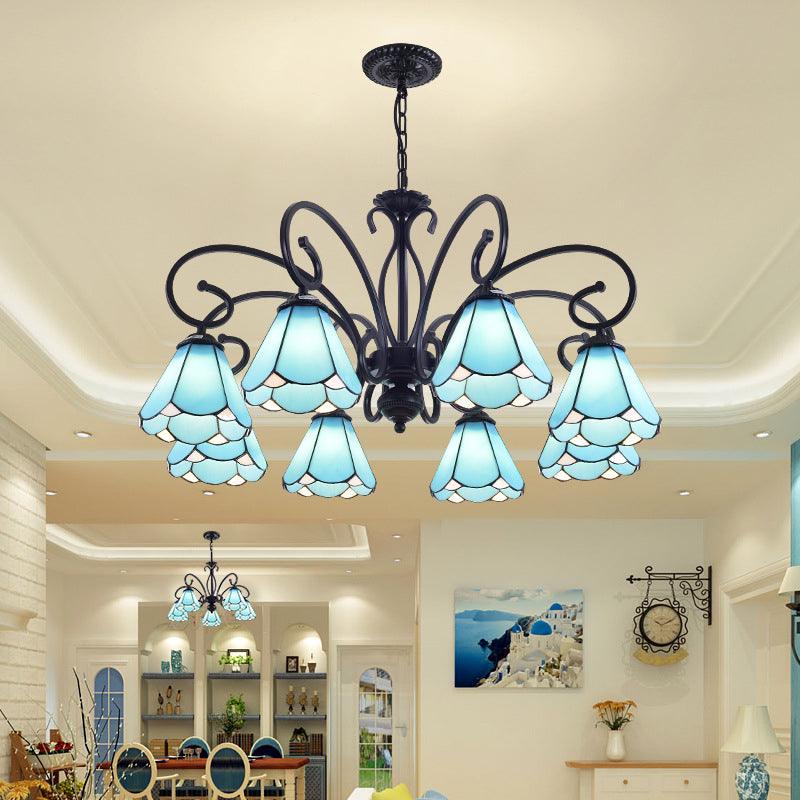 Black 5/6/8 Lights Chandelier Light Fixture Tiffany Style Blue Glass Cone Lamp - Rebooters