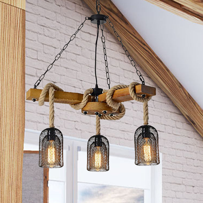 Wire Mesh Restaurant Ceiling Fixture Wood and Rope 3/6 Lights Lodge Stylish Pendant Lighting - Rebooters