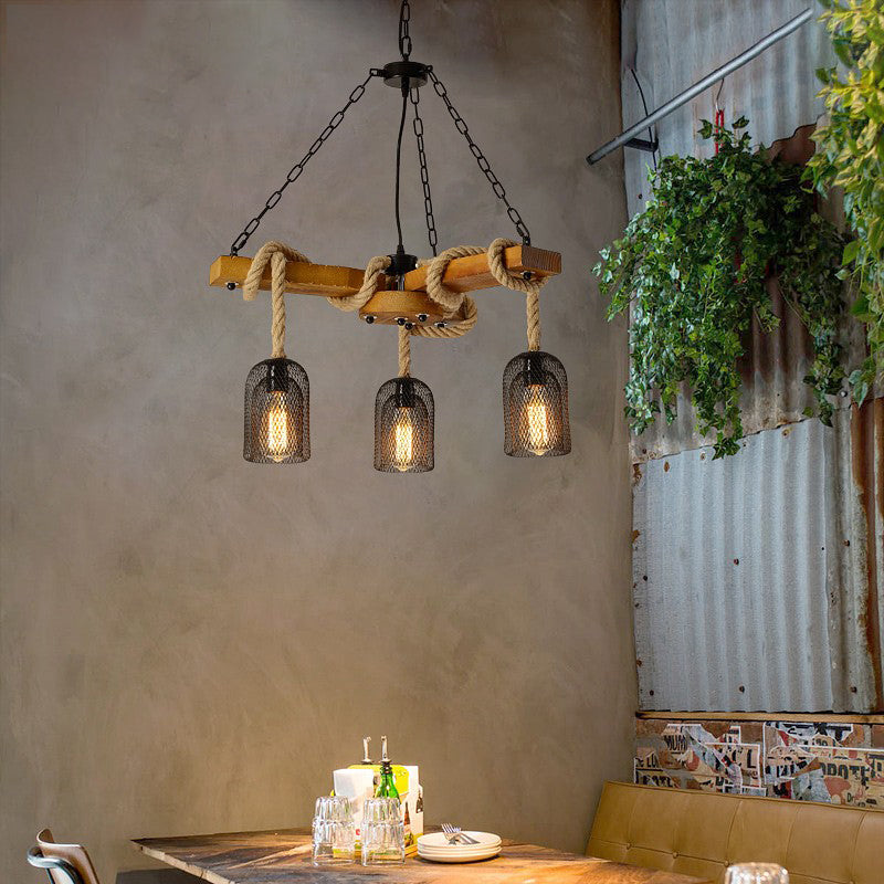 Wire Mesh Restaurant Ceiling Fixture Wood and Rope 3/6 Lights Lodge Stylish Pendant Lighting - Rebooters