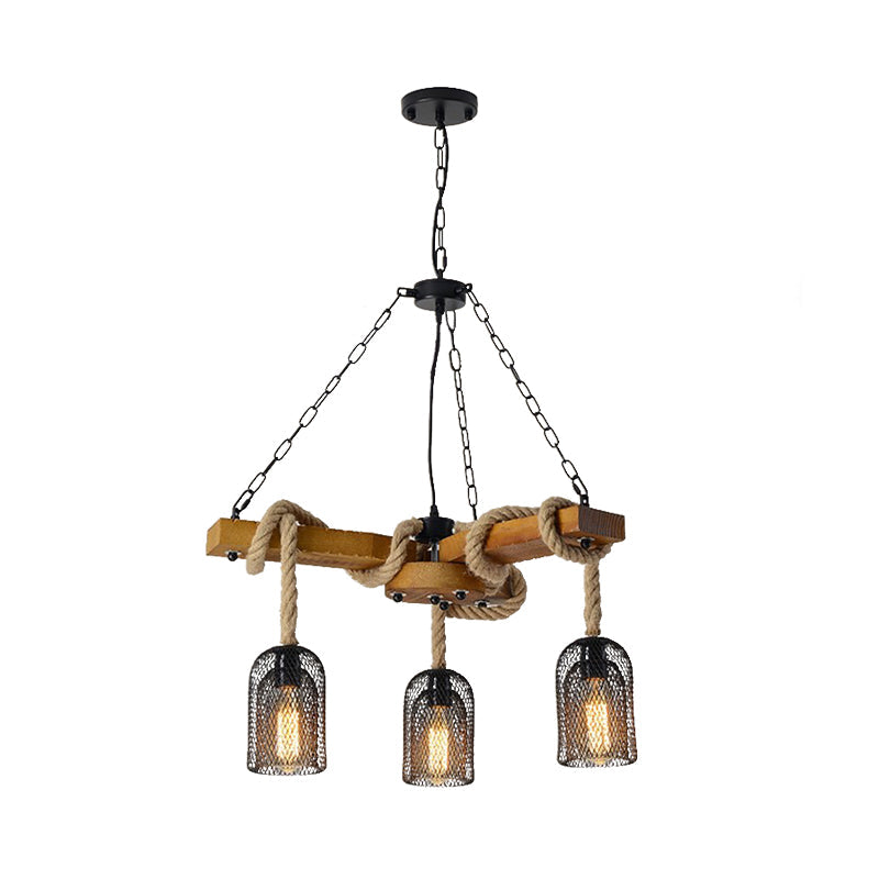 Wire Mesh Restaurant Ceiling Fixture Wood and Rope 3/6 Lights Lodge Stylish Pendant Lighting - Rebooters