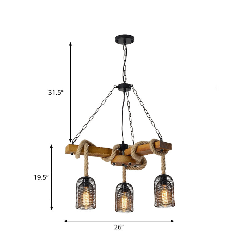 Wire Mesh Restaurant Ceiling Fixture Wood and Rope 3/6 Lights Lodge Stylish Pendant Lighting - Rebooters