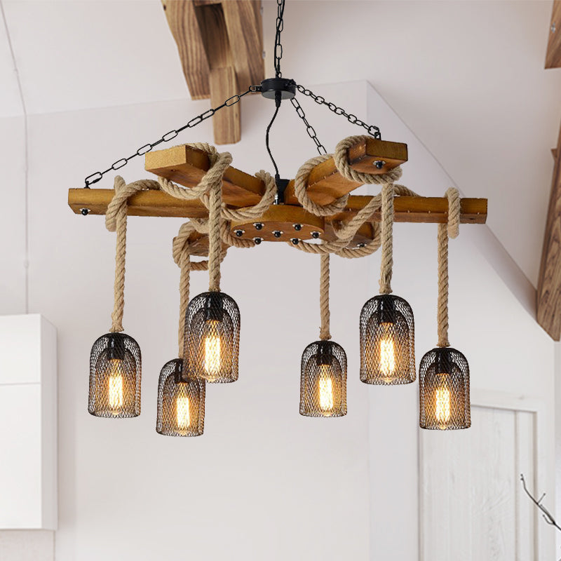 Wire Mesh Restaurant Ceiling Fixture Wood and Rope 3/6 Lights Lodge Stylish Pendant Lighting - Rebooters