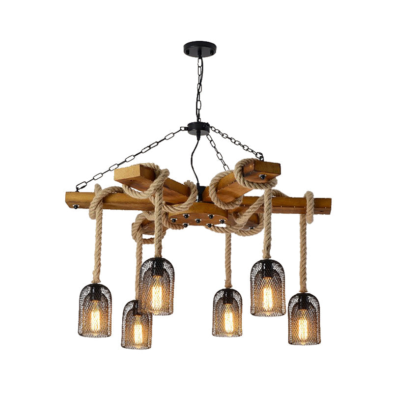 Wire Mesh Restaurant Ceiling Fixture Wood and Rope 3/6 Lights Lodge Stylish Pendant Lighting - Rebooters