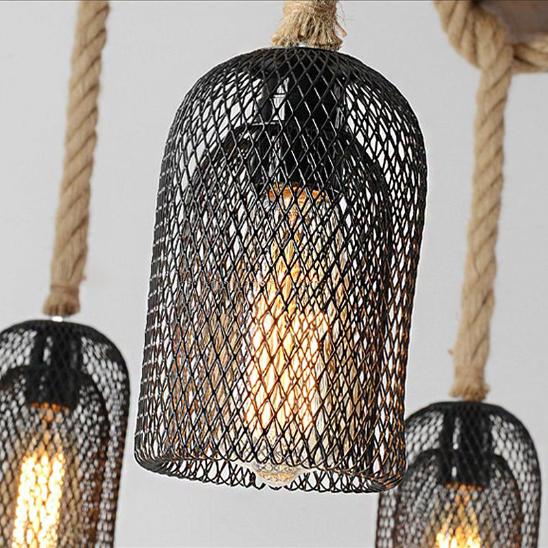 Wire Mesh Restaurant Ceiling Fixture Wood and Rope 3/6 Lights Lodge Stylish Pendant Lighting - Rebooters