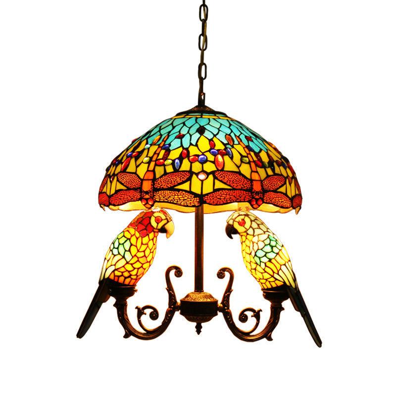 5 Lights Pendant Chandelier Mediterranean Petal Stained Glass Light Fixture Yellow Parrot Deco - Rebooters