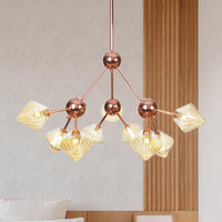 Amber Glass Diamond Hanging Chandelier 9 Bulbs Rose Gold Fixture - Rebooters