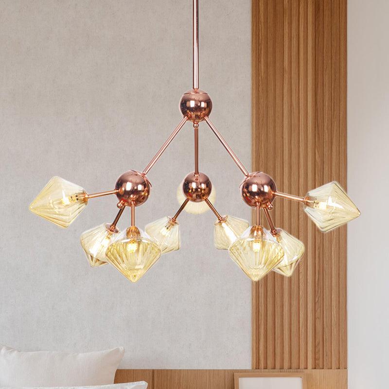 Amber Glass Diamond Hanging Chandelier 9 Bulbs Rose Gold Fixture - Rebooters