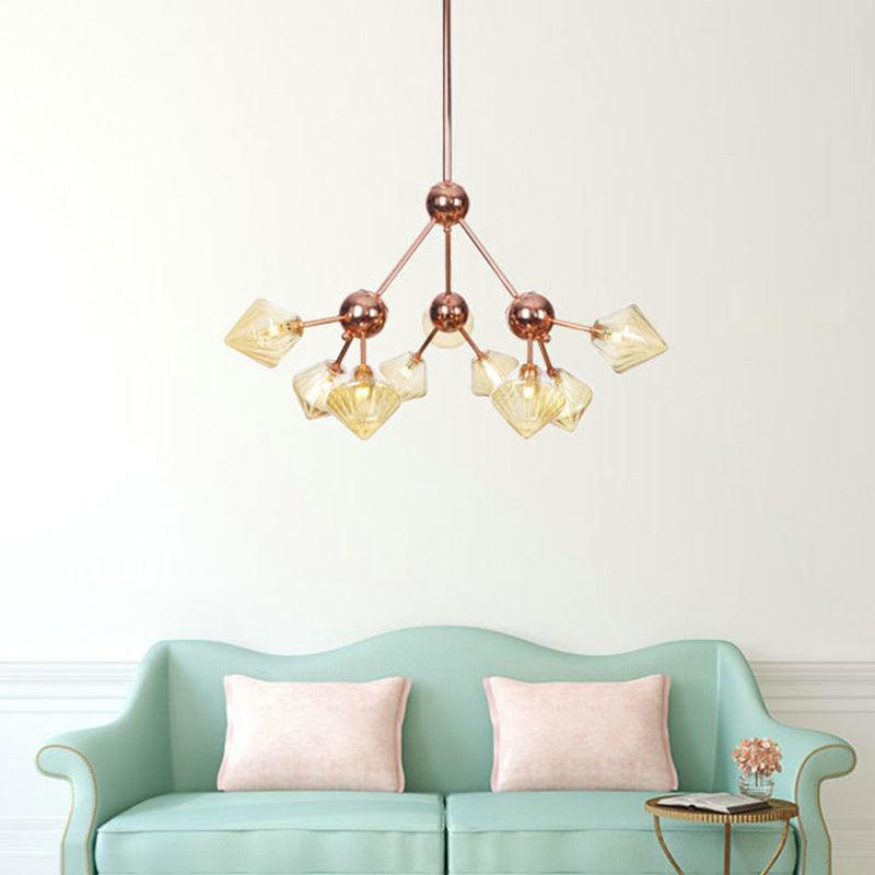 Amber Glass Diamond Hanging Chandelier 9 Bulbs Rose Gold Fixture - Rebooters