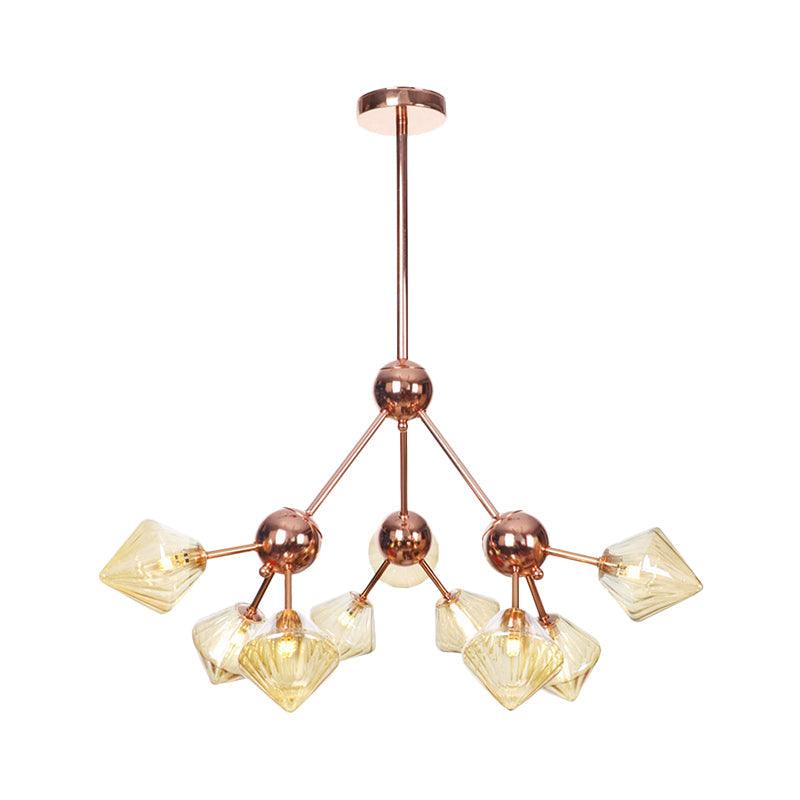 Amber Glass Diamond Hanging Chandelier 9 Bulbs Rose Gold Fixture - Rebooters