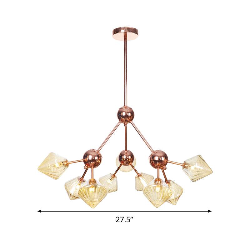Amber Glass Diamond Hanging Chandelier 9 Bulbs Rose Gold Fixture - Rebooters