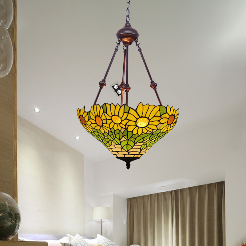 2 Lights Kitchen Ceiling Chandelier Mediterranean Red Yellow Orange With Flower Stained Glass Shade - Rebooters