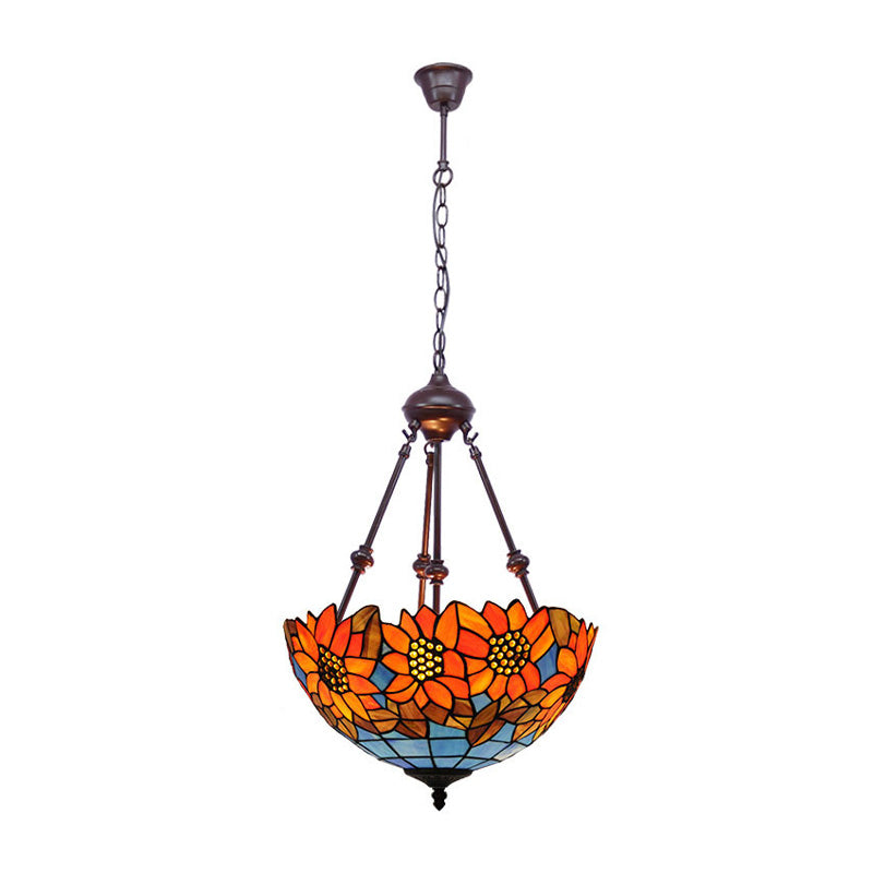 2 Lights Kitchen Ceiling Chandelier Mediterranean Red Yellow Orange With Flower Stained Glass Shade - Rebooters