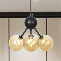 Amber Glass Globe Ceiling Chandelier Modernist 3 Heads LED Hanging Pendant Lamp in Black - Rebooters