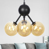Amber Glass Globe Ceiling Chandelier Modernist 3 Heads LED Hanging Pendant Lamp in Black - Rebooters
