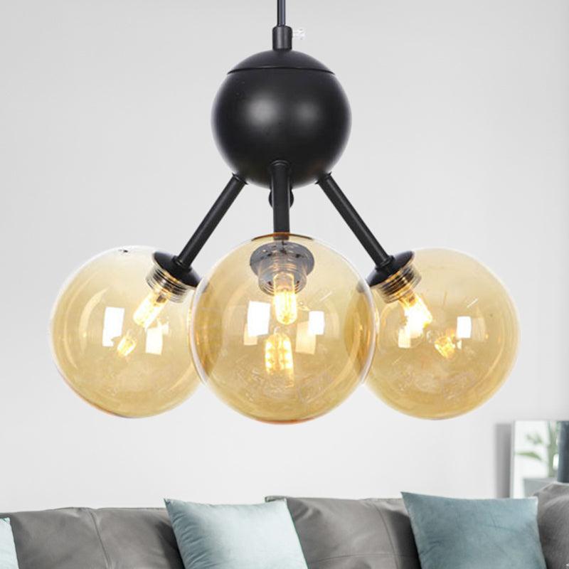 Amber Glass Globe Ceiling Chandelier Modernist 3 Heads LED Hanging Pendant Lamp in Black - Rebooters