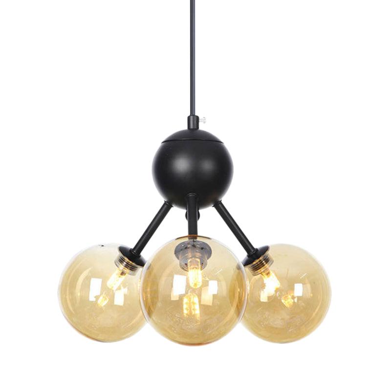 Amber Glass Globe Ceiling Chandelier Modernist 3 Heads LED Hanging Pendant Lamp in Black - Rebooters
