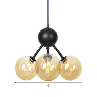 Amber Glass Globe Ceiling Chandelier Modernist 3 Heads LED Hanging Pendant Lamp in Black - Rebooters