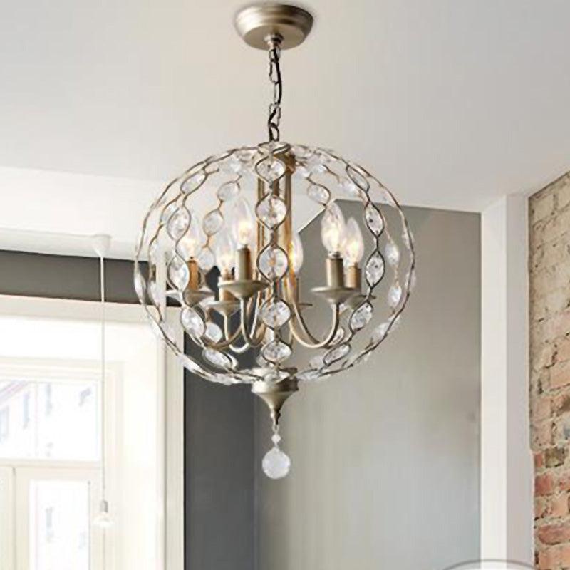 Aged Silver Spherical Chandelier Lighting Traditional 6 Heads Crystal Pendant Light - Rebooters