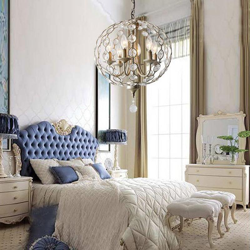 Aged Silver Spherical Chandelier Lighting Traditional 6 Heads Crystal Pendant Light - Rebooters