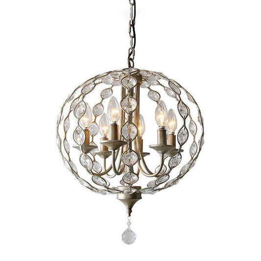 Aged Silver Spherical Chandelier Lighting Traditional 6 Heads Crystal Pendant Light - Rebooters