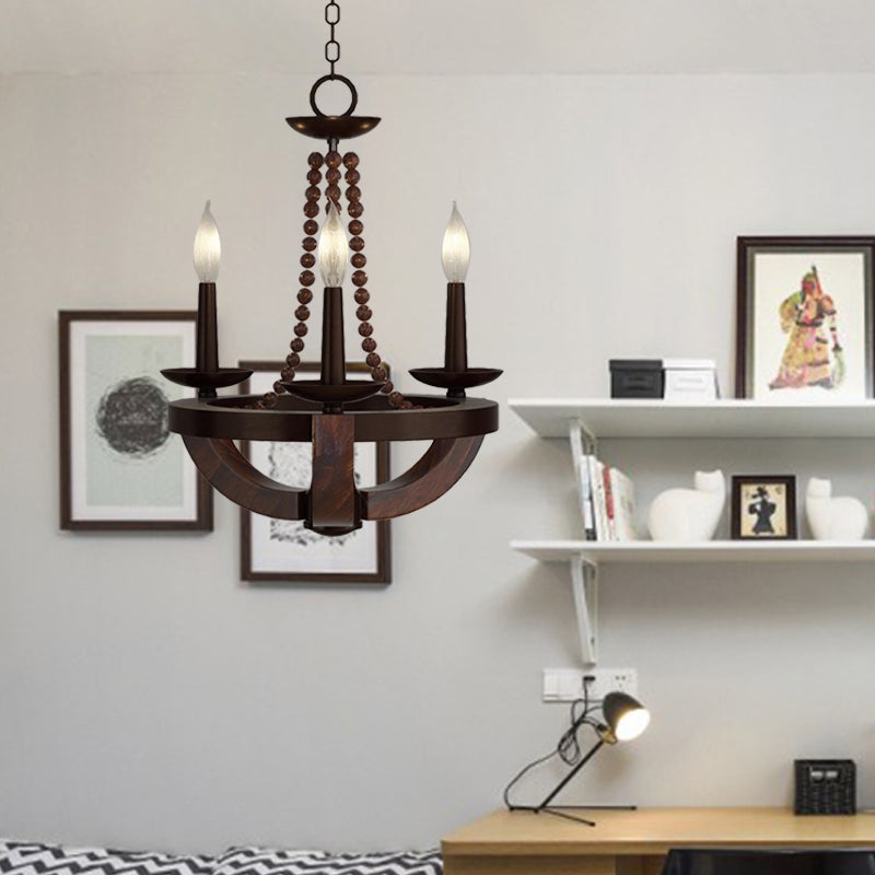 Brown Open Bulb Empire Chandelier Light Traditional Style 3 Heads Wood Fixture - Rebooters
