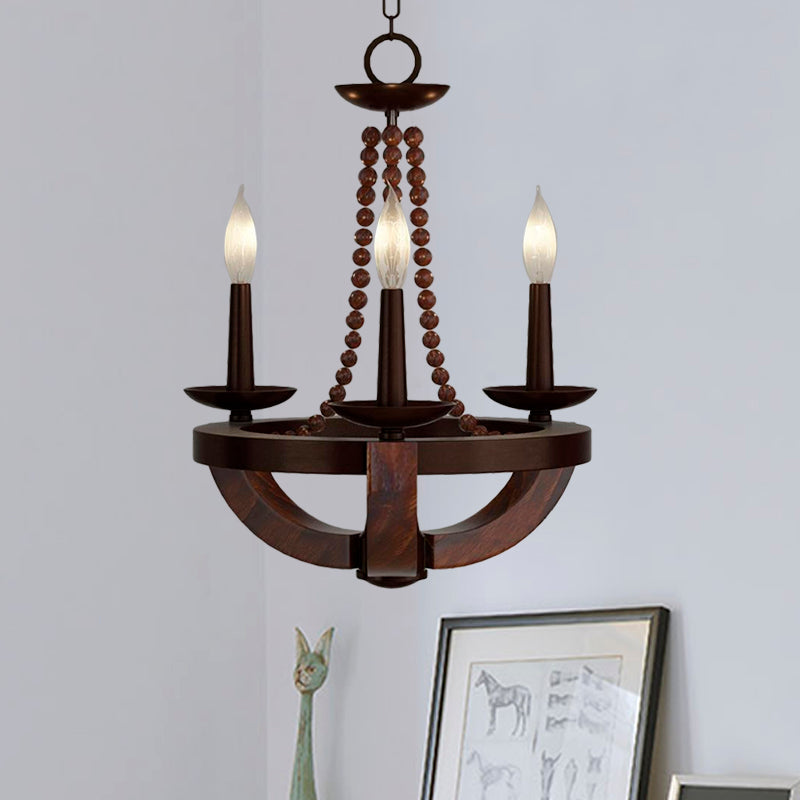 Brown Open Bulb Empire Chandelier Light Traditional Style 3 Heads Wood Fixture - Rebooters