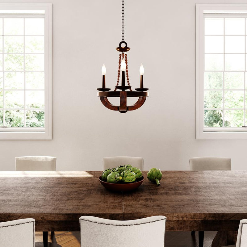 Brown Open Bulb Empire Chandelier Light Traditional Style 3 Heads Wood Fixture - Rebooters
