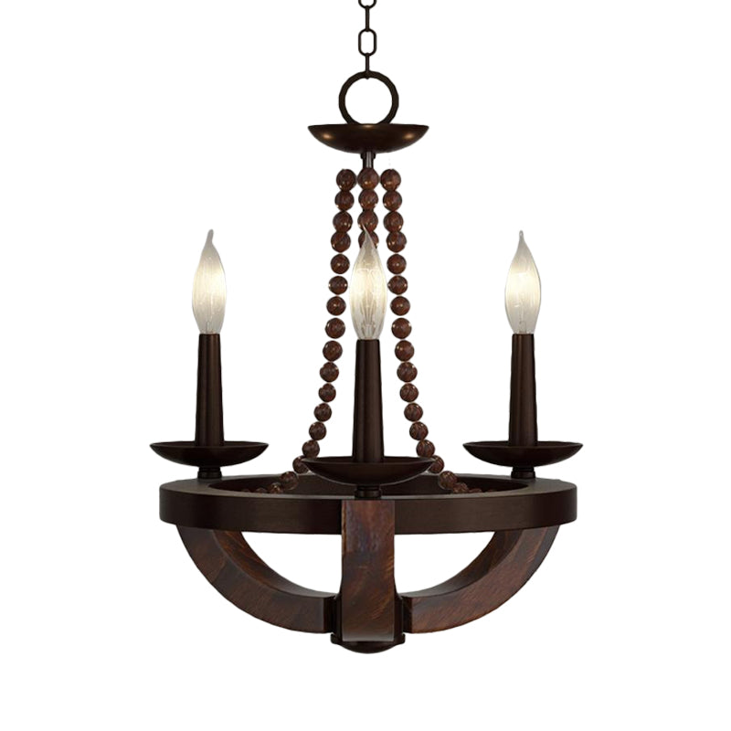 Brown Open Bulb Empire Chandelier Light Traditional Style 3 Heads Wood Fixture - Rebooters