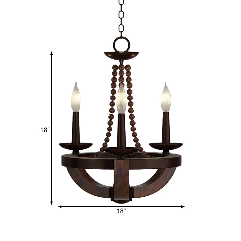 Brown Open Bulb Empire Chandelier Light Traditional Style 3 Heads Wood Fixture - Rebooters