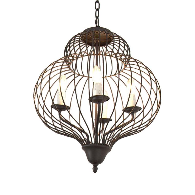 5-Light Gourd Shape Chandelier Pendant Black Iron Fixture - Rebooters