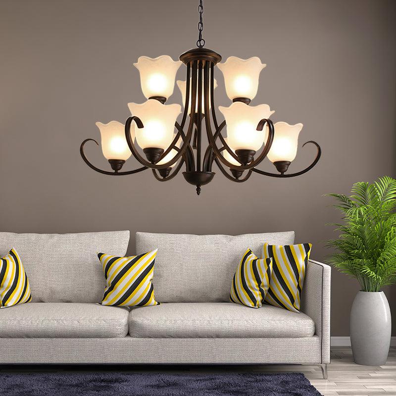 Opal Glass Black Pendant Lamp Flower Shape 9 Lights Chandelier - Rebooters