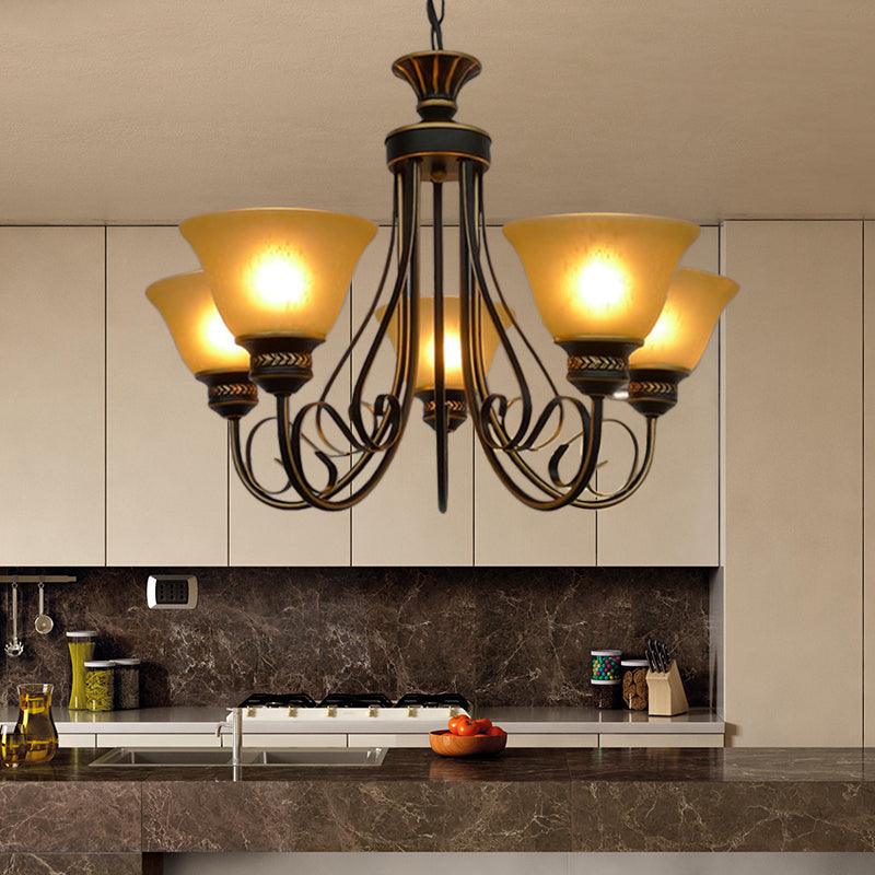 5 Lights Chandelier Light with Bell Shade Beige Frosted Glass Classic Bedroom Ceiling Lamp in Black - Rebooters