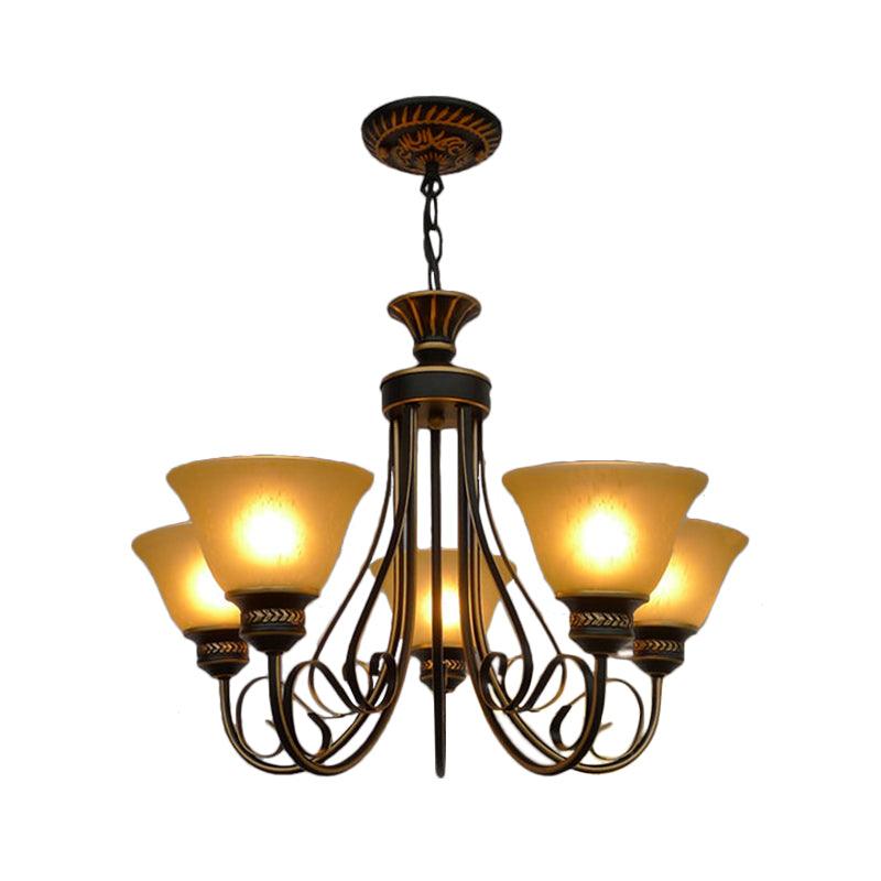 5 Lights Chandelier Light with Bell Shade Beige Frosted Glass Classic Bedroom Ceiling Lamp in Black - Rebooters