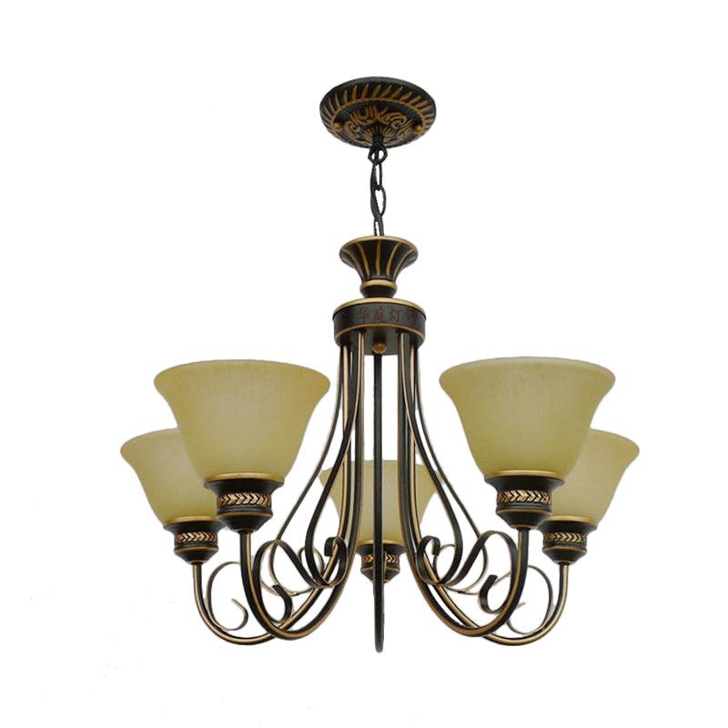 5 Lights Chandelier Light with Bell Shade Beige Frosted Glass Classic Bedroom Ceiling Lamp in Black - Rebooters