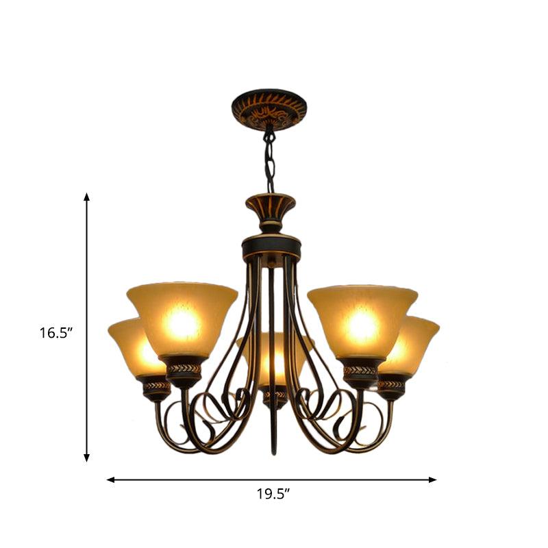 5 Lights Chandelier Light with Bell Shade Beige Frosted Glass Classic Bedroom Ceiling Lamp in Black - Rebooters