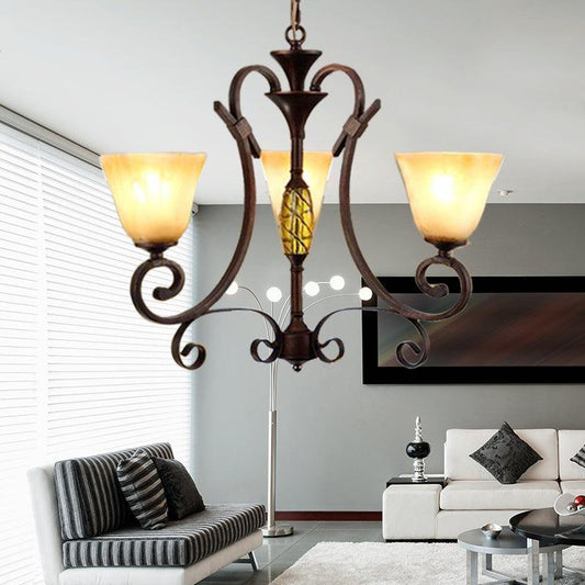 Bell Beige Frosted Glass Chandelier Light Traditional 3 Lights Dining Room Pendant Lighting in Rust - Rebooters