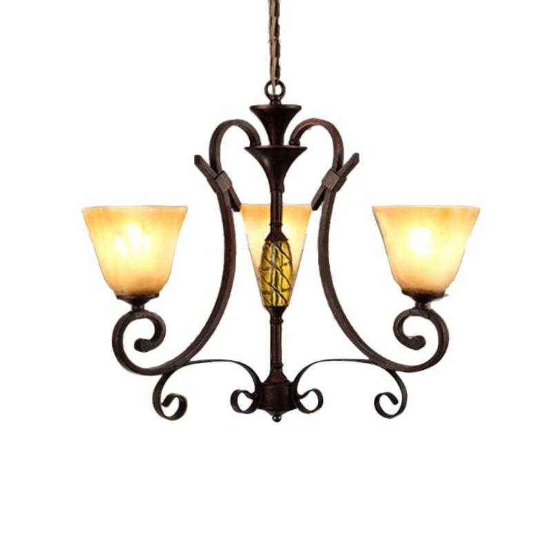 Bell Beige Frosted Glass Chandelier Light Traditional 3 Lights Dining Room Pendant Lighting in Rust - Rebooters