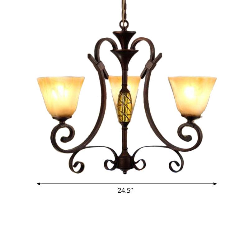 Bell Beige Frosted Glass Chandelier Light Traditional 3 Lights Dining Room Pendant Lighting in Rust - Rebooters
