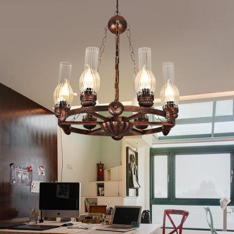 6 Bulbs Wagon Wheel Chandelier Light Traditional Clear Ribbed Glass Hanging Ceiling Fixture in Copper - Rebooters
