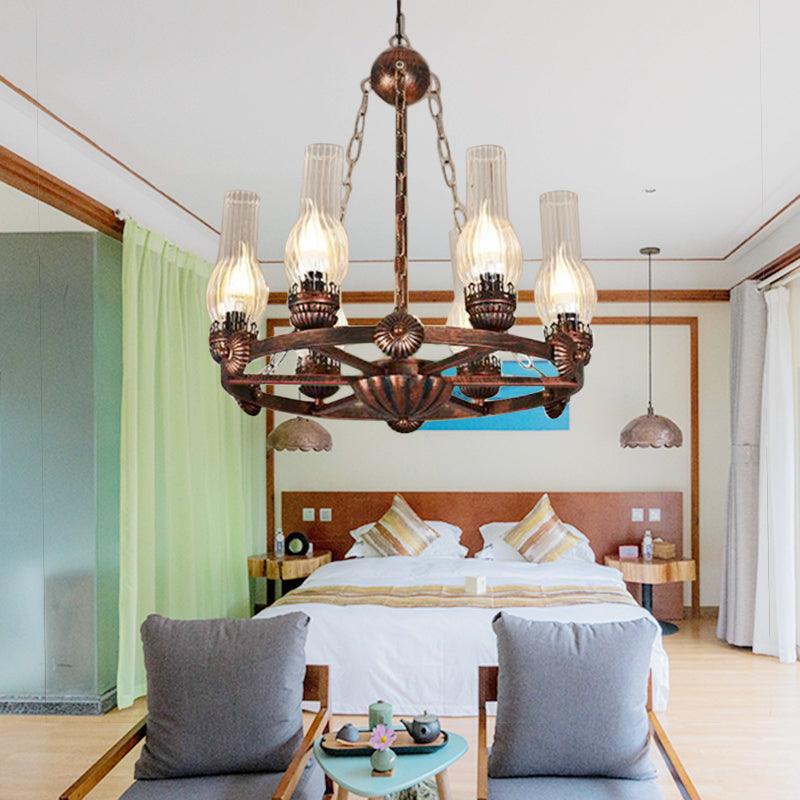 6 Bulbs Wagon Wheel Chandelier Light Traditional Clear Ribbed Glass Hanging Ceiling Fixture in Copper - Rebooters